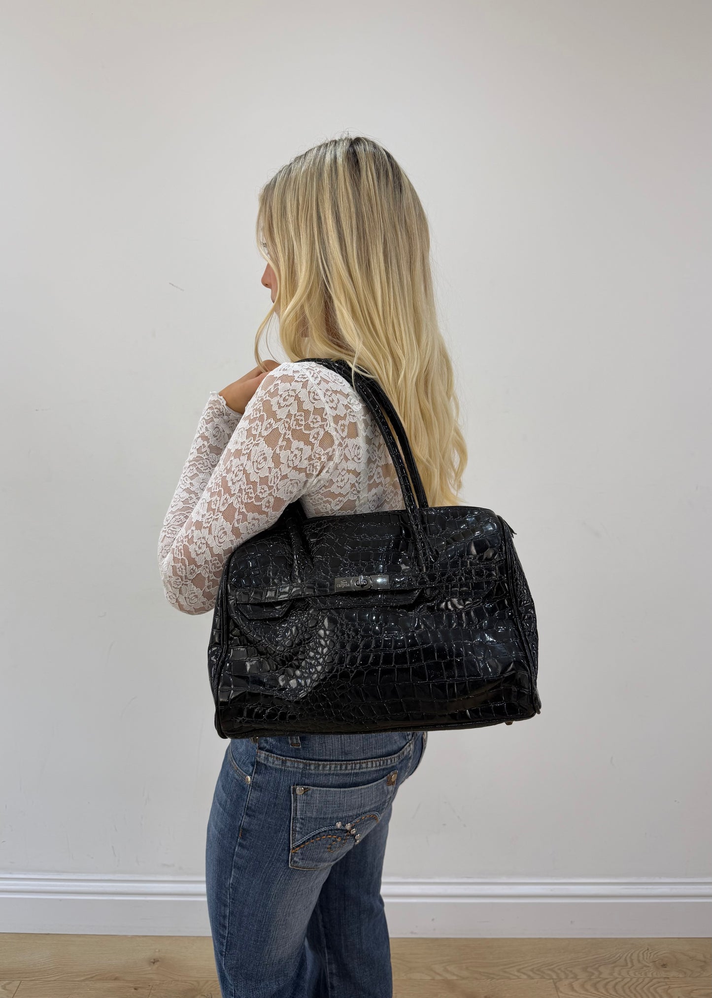 caprisa black shiny croc effect shoulder bag 5