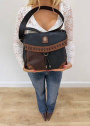 charm and shape black and brown colour block leather bag 3