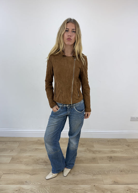 Small tan Esprit leather asymmetric zip jacket front