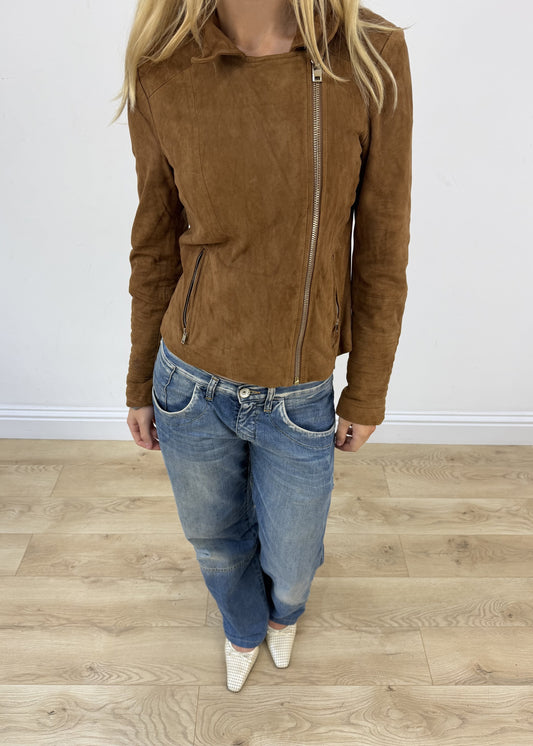 Small tan Esprit leather asymmetric zip jacket headless detail