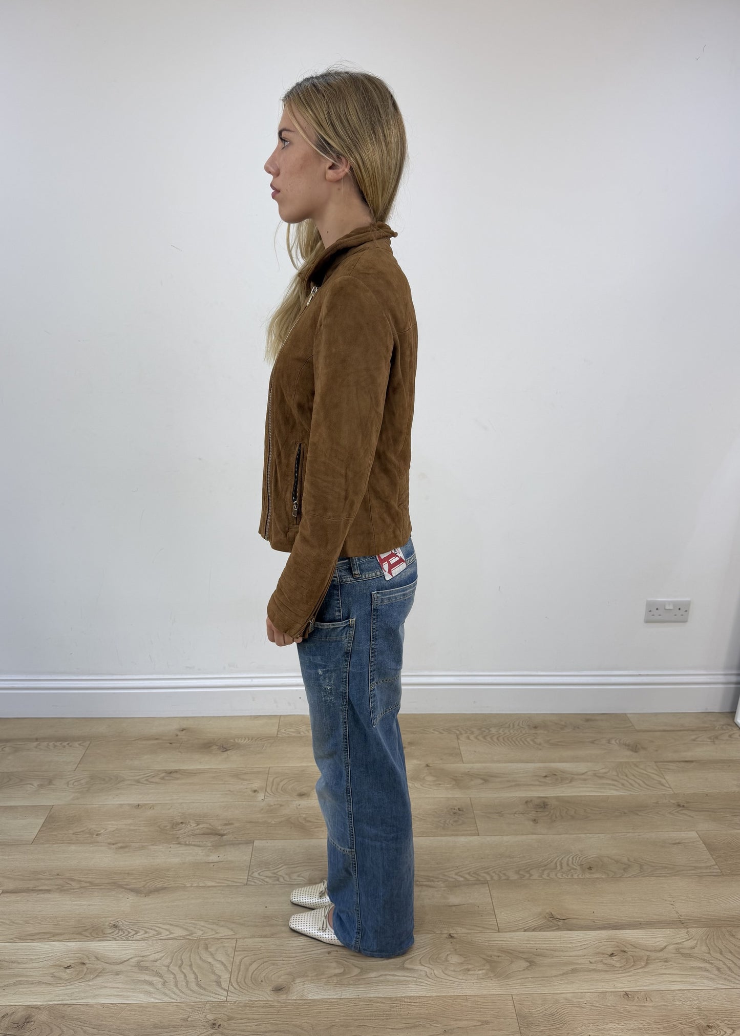 Small tan Esprit leather asymmetric zip jacket side