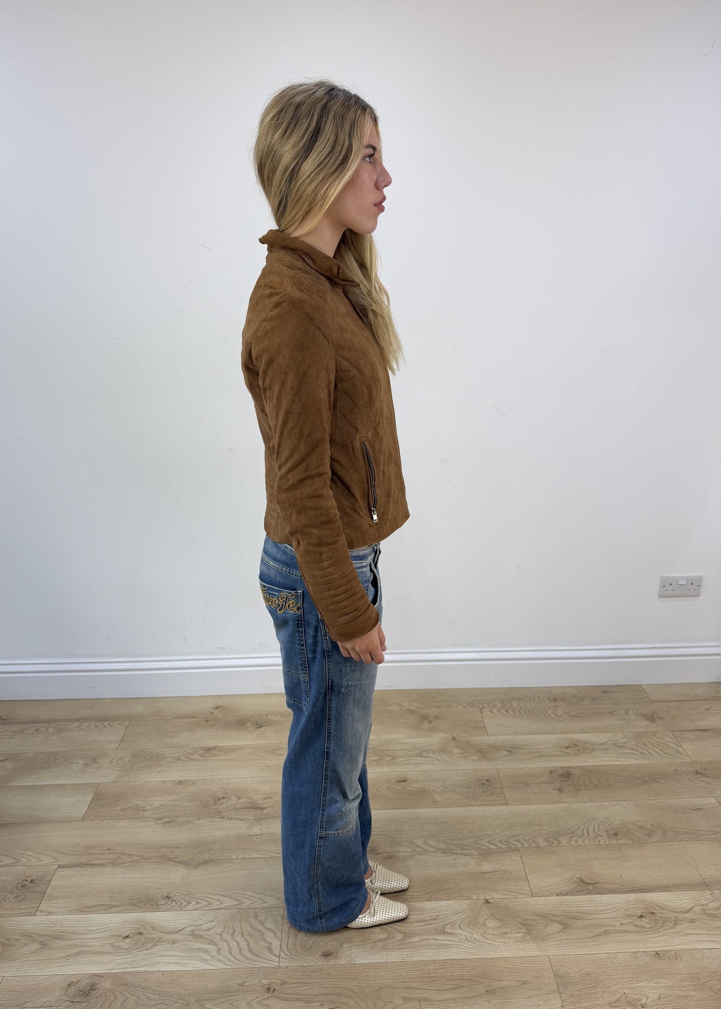 Small tan Esprit leather asymmetric zip jacket opposite side