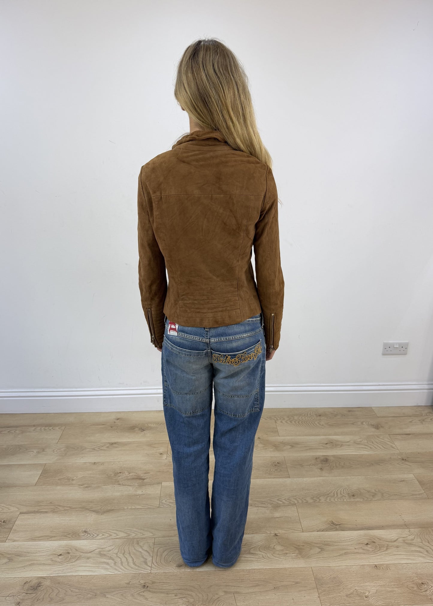Small tan Esprit leather asymmetric zip jacket back