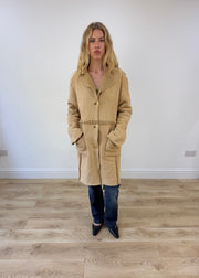 medium cream faux fur trim coat image 1
