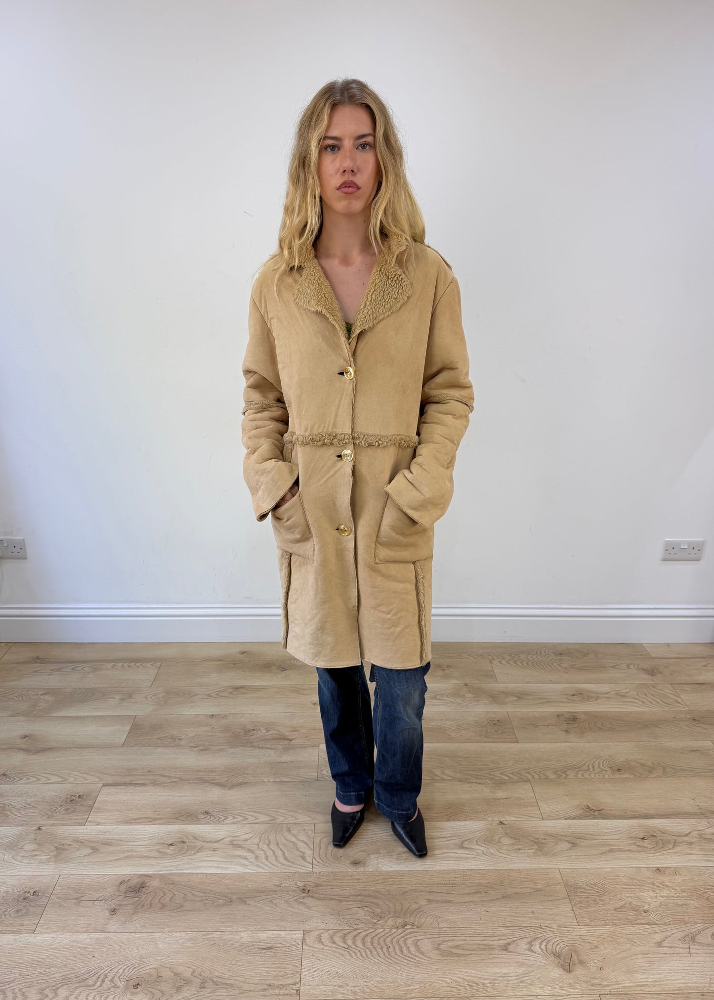 medium cream faux fur trim coat image 1