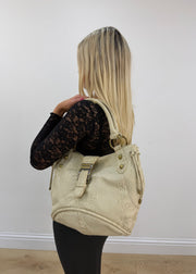 cream croc effect leather shoulder bag with gold buckle and orange gems 2