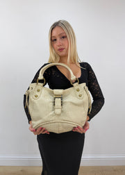 cream croc effect leather shoulder bag with gold buckle and orange gems 3
