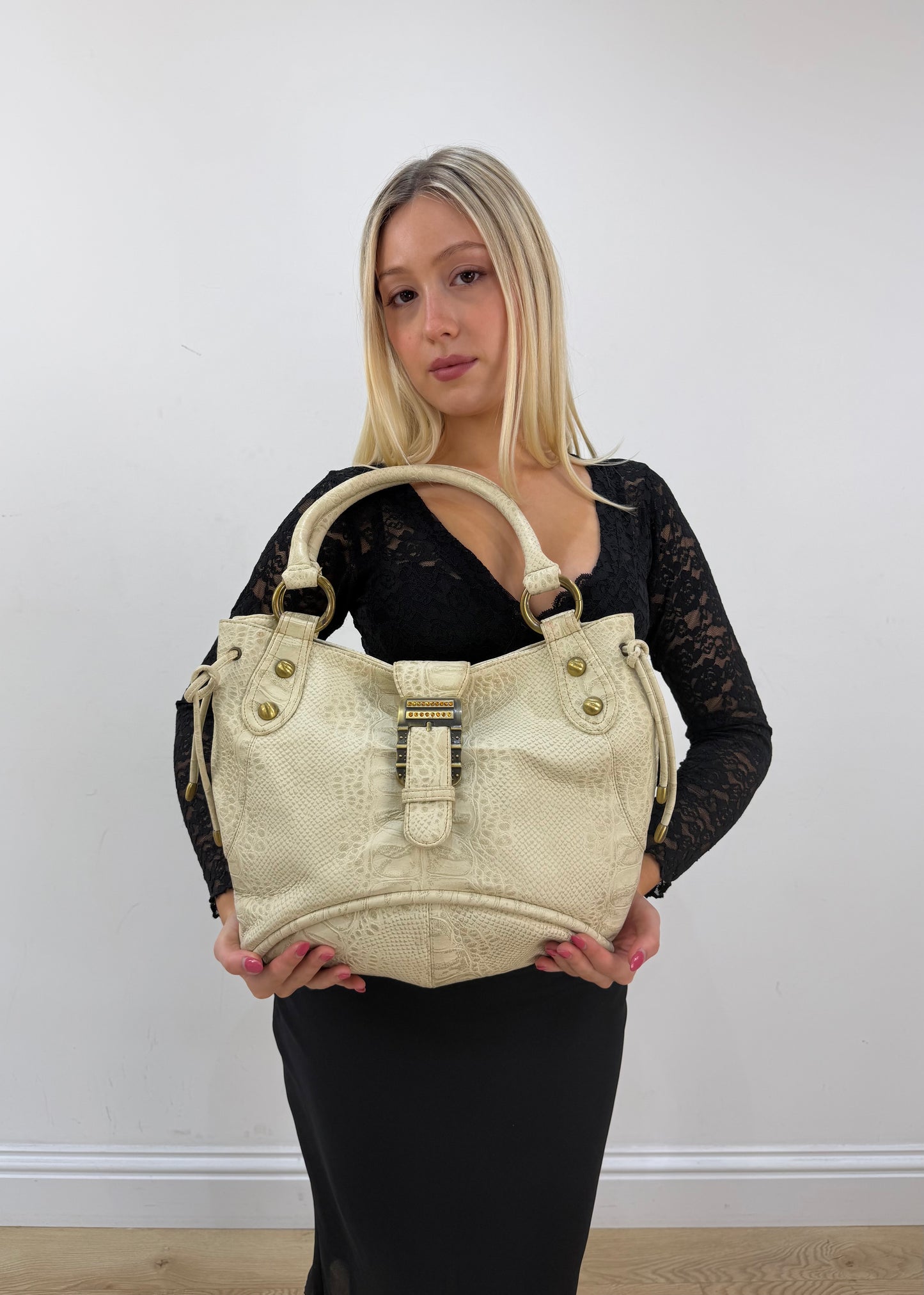 cream croc effect leather shoulder bag with gold buckle and orange gems 3