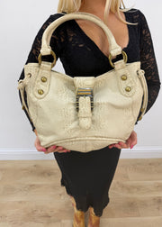 cream croc effect leather shoulder bag with gold buckle and orange gems 4