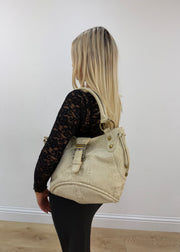 cream croc effect leather shoulder bag with gold buckle and orange gems 5
