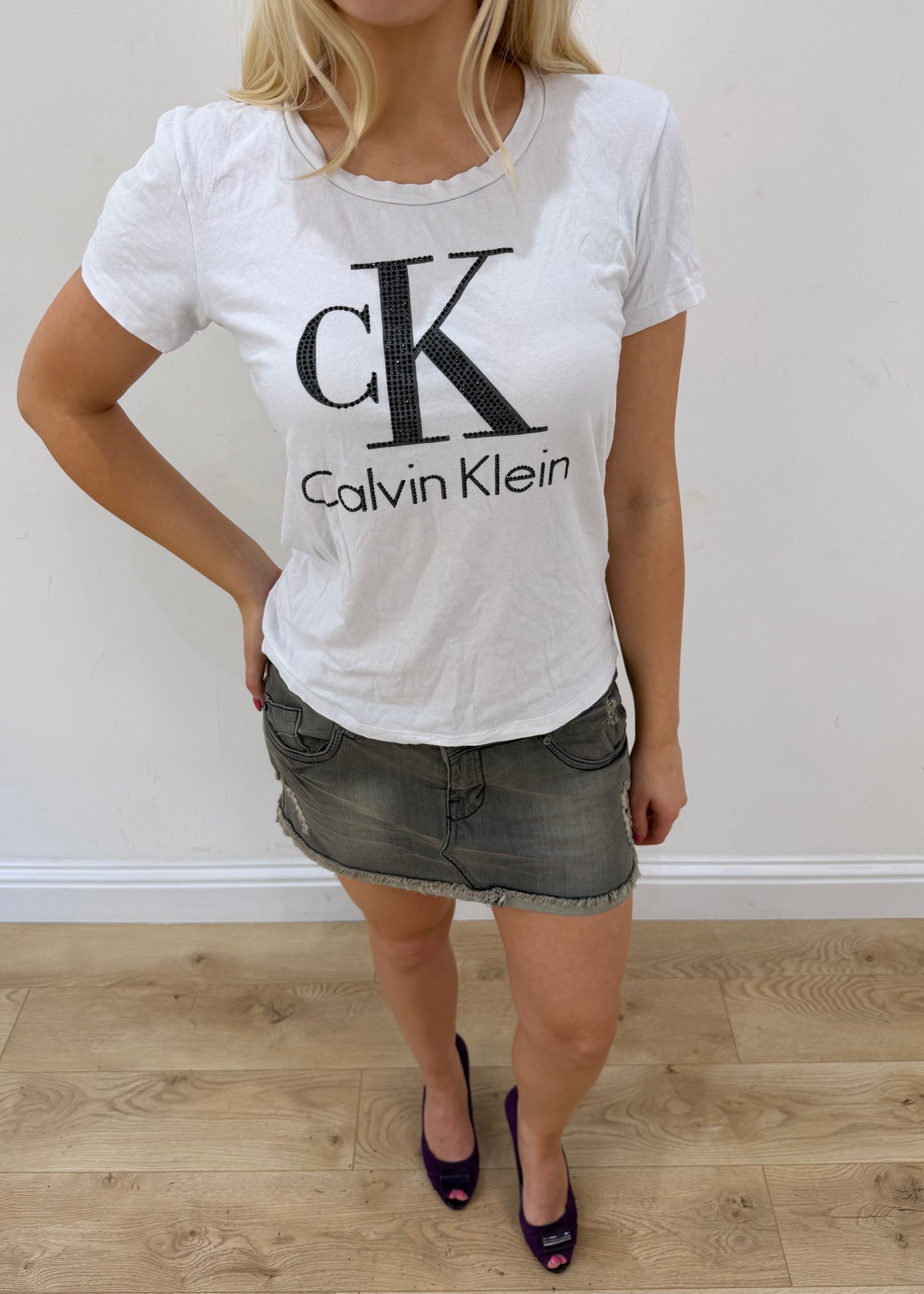 small white calvin klein rhinestone logo t-shirt