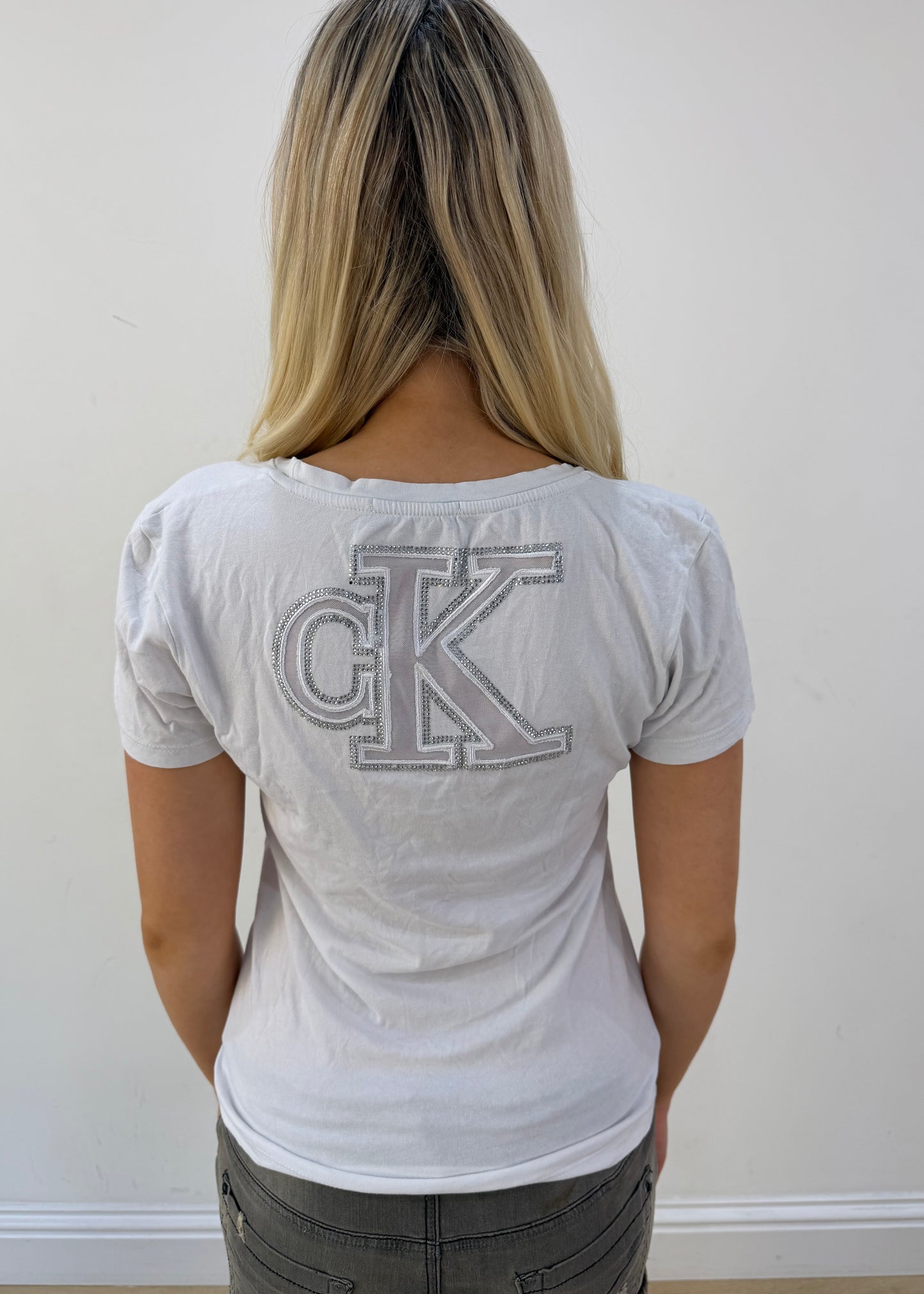 small white calvin klein rhinestone logo t-shirt