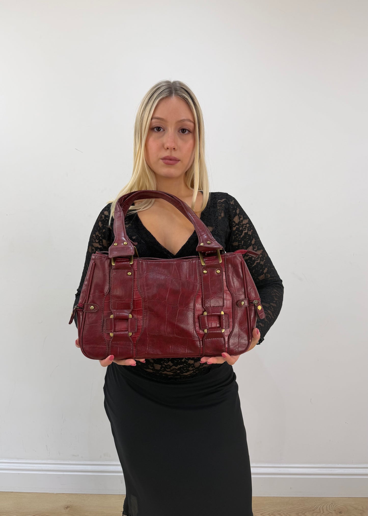 dark red leather croc effect shoulder bag with gold buckles 2