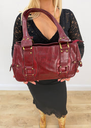 dark red leather croc effect shoulder bag with gold buckles 3