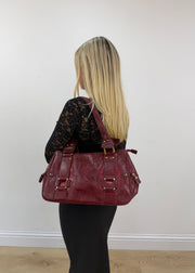 dark red leather croc effect shoulder bag with gold buckles 5