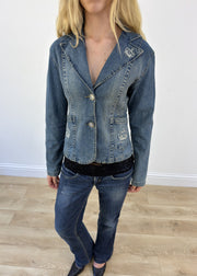 small denim blazer with embroidered crowns - close-up