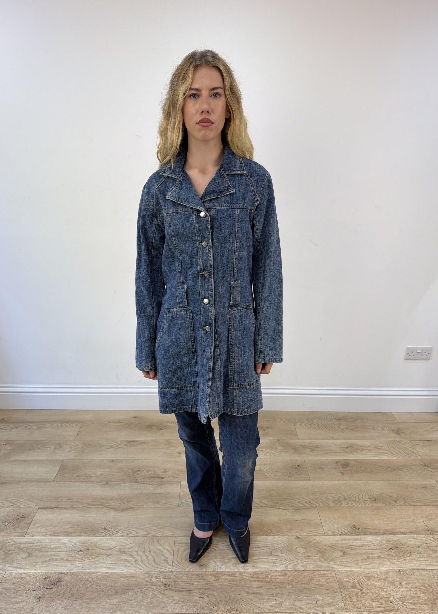 medium blue longline denim jacket photo 1