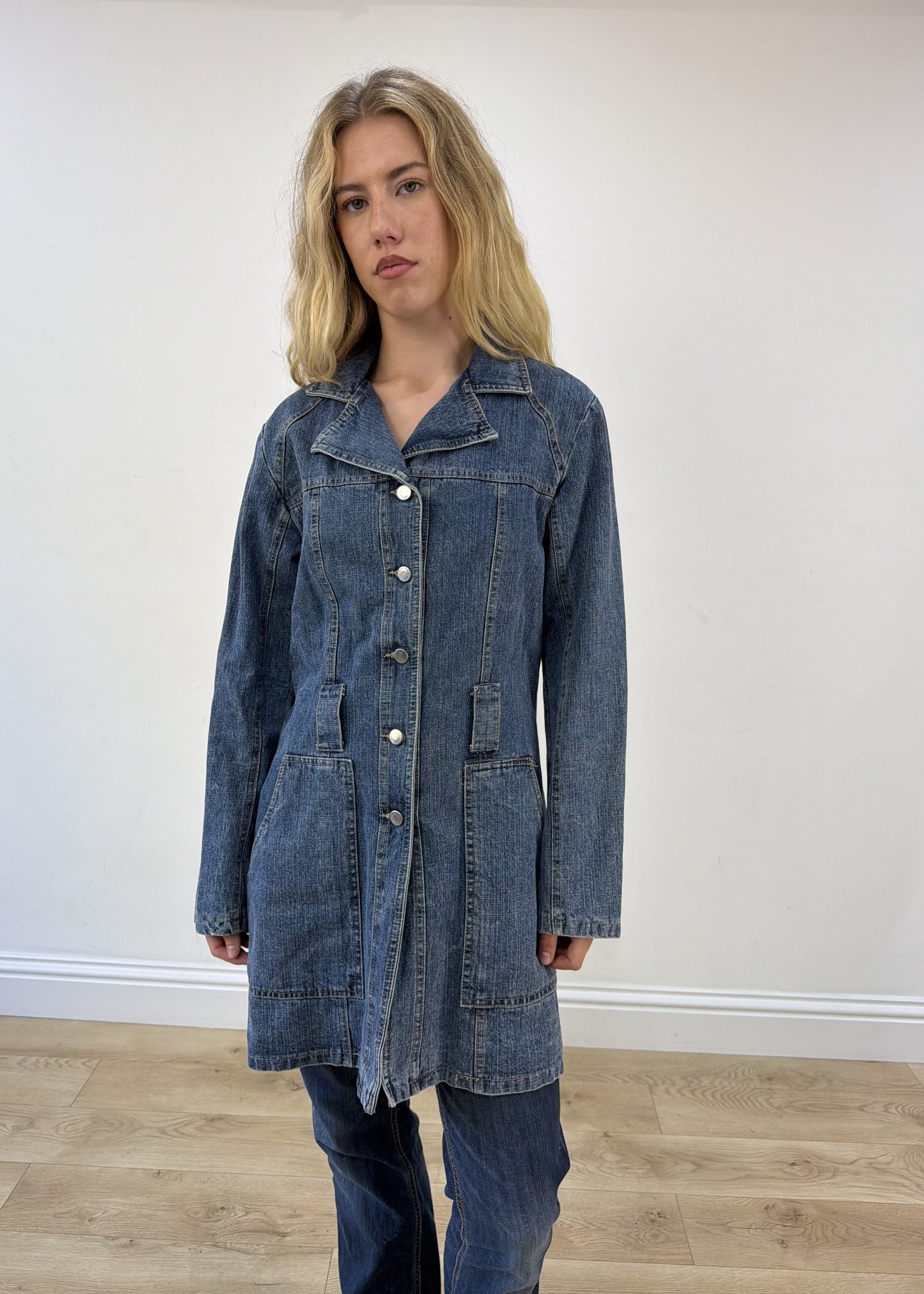 medium blue longline denim jacket photo 3