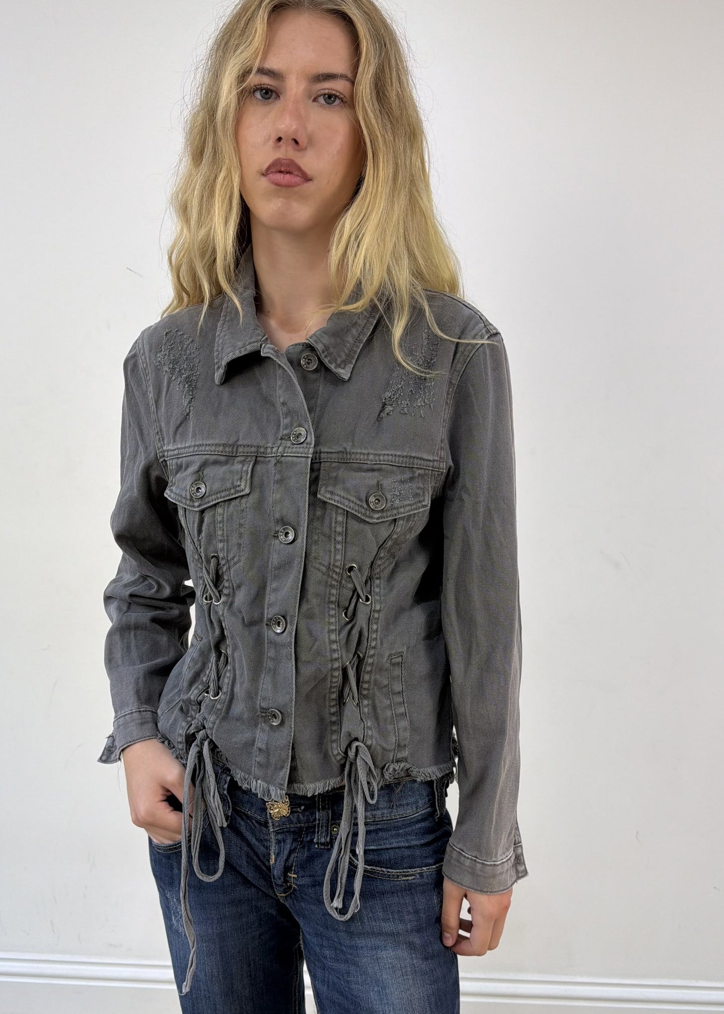 small grey denim lace-up jacket photo 8
