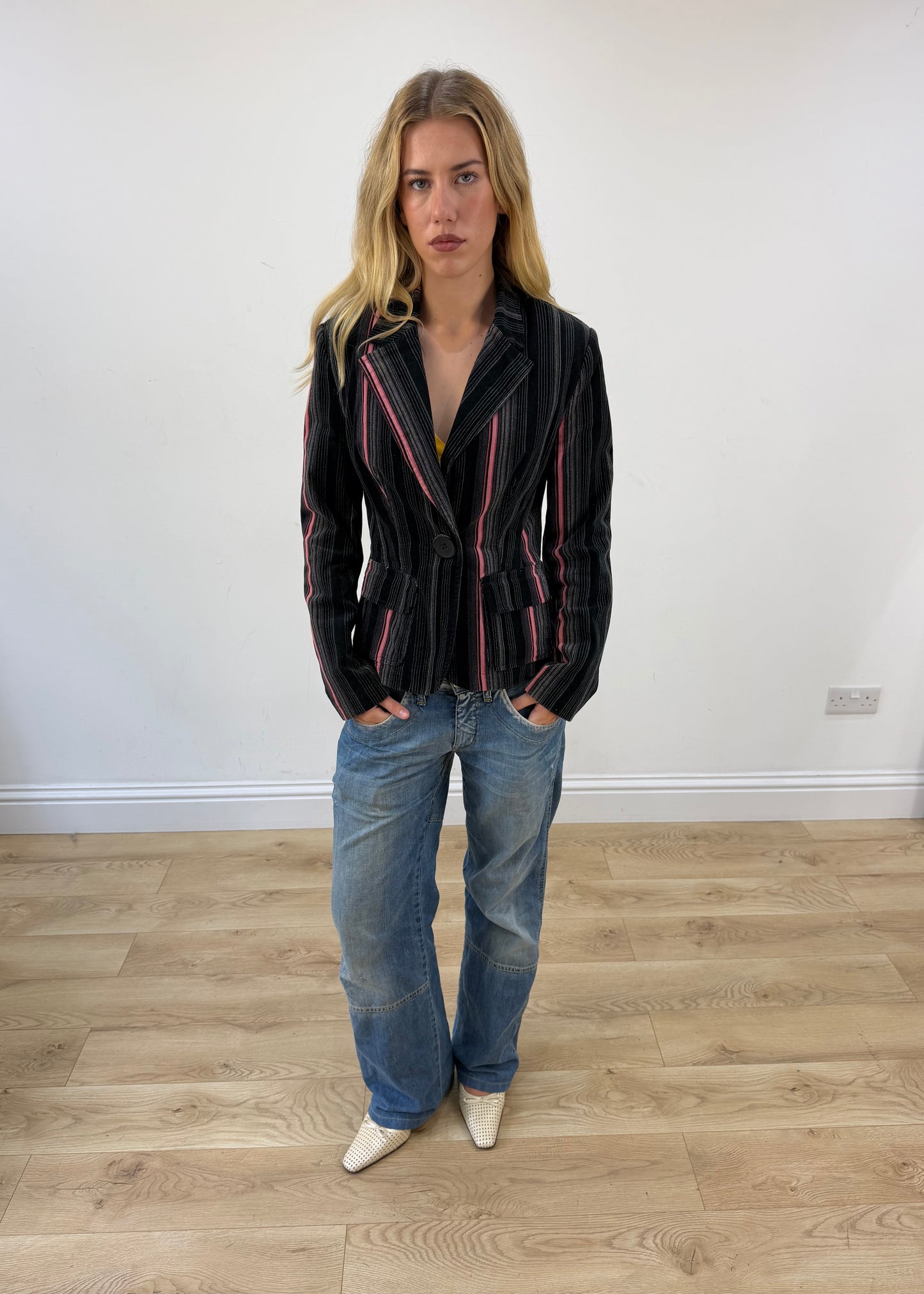 medium black and pink open fashion club pinstripe blazer image 1