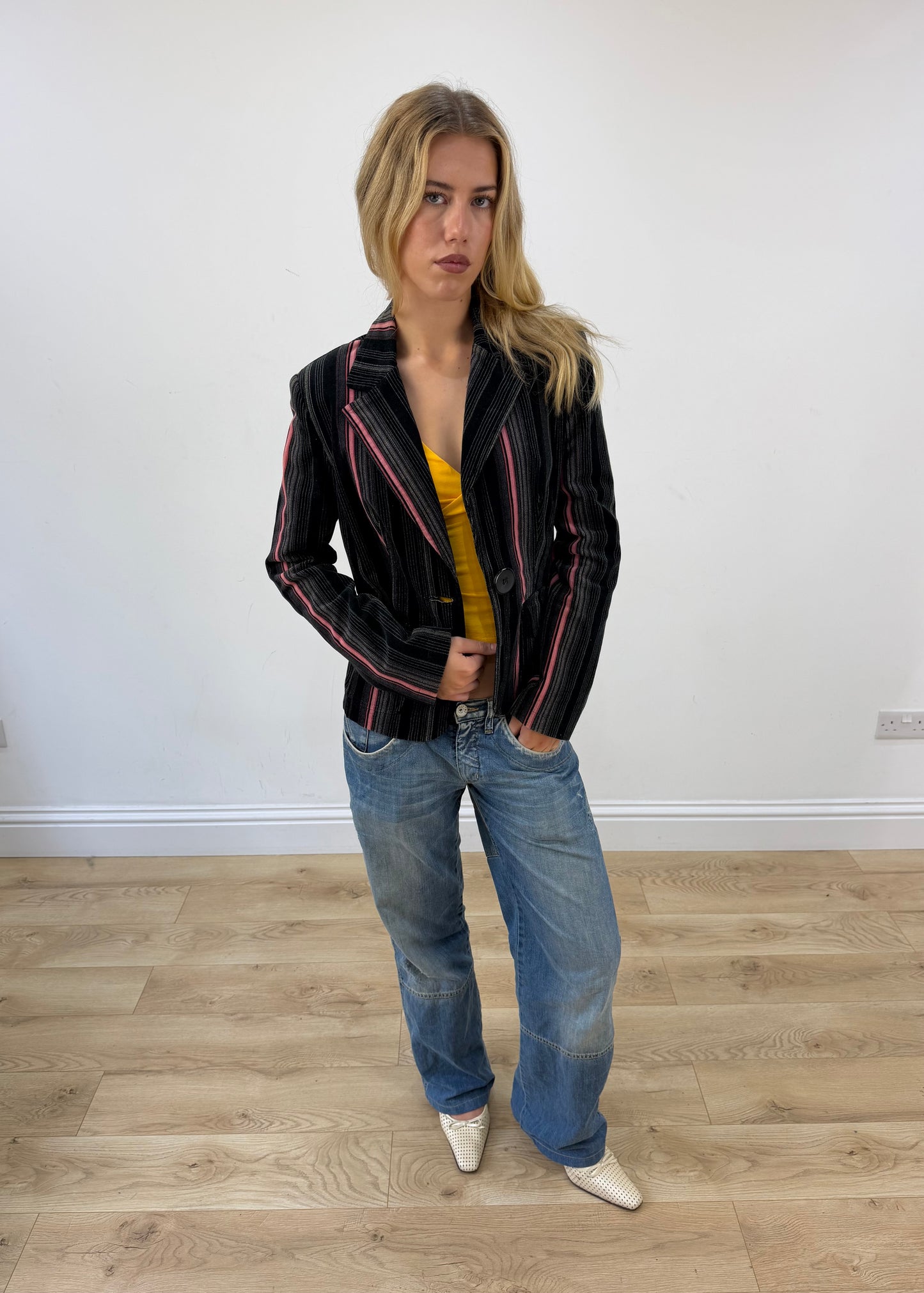 medium black and pink open fashion club pinstripe blazer image 4