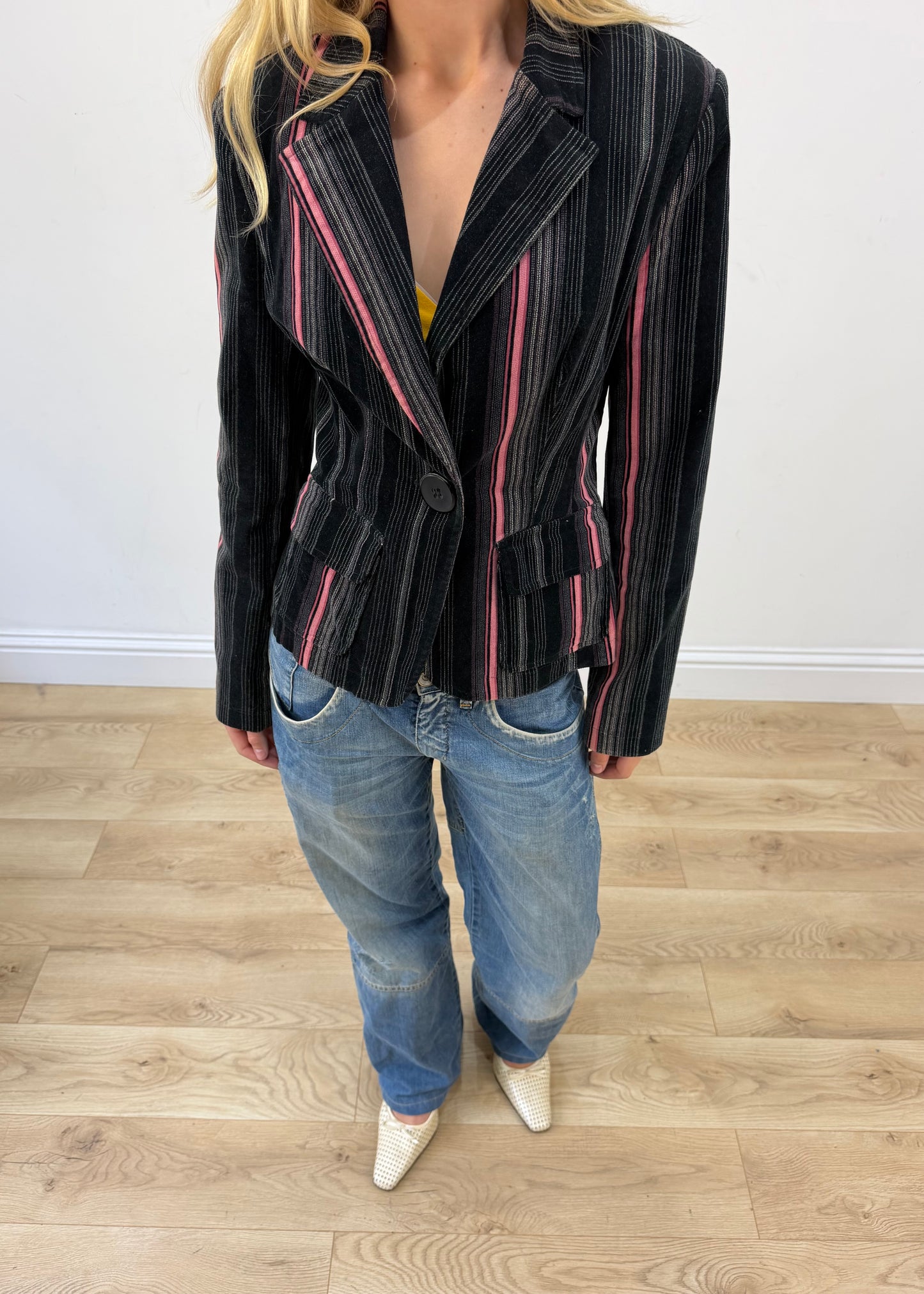 medium black and pink open fashion club pinstripe blazer image 5