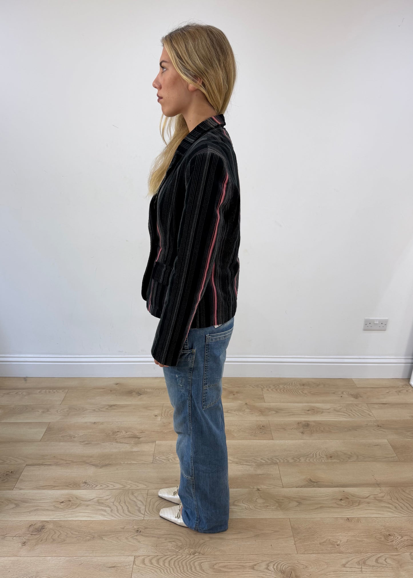 medium black and pink open fashion club pinstripe blazer image 6