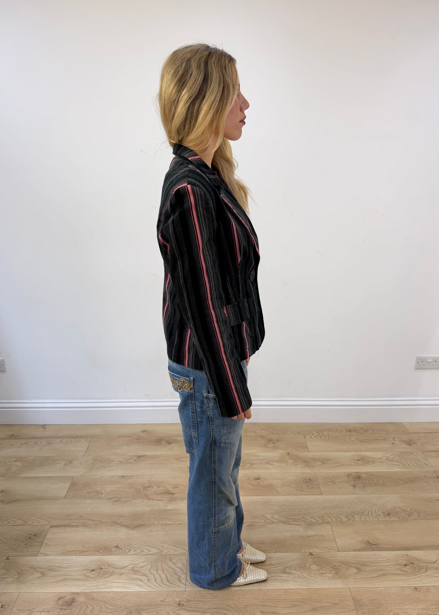 medium black and pink open fashion club pinstripe blazer image 7