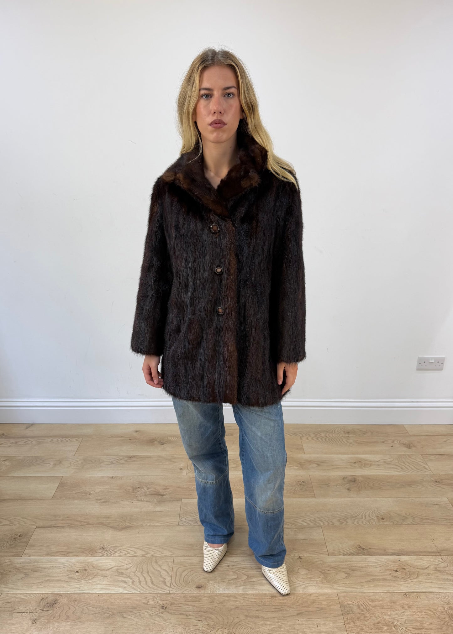 medium brown button-up faux fur coat image 1
