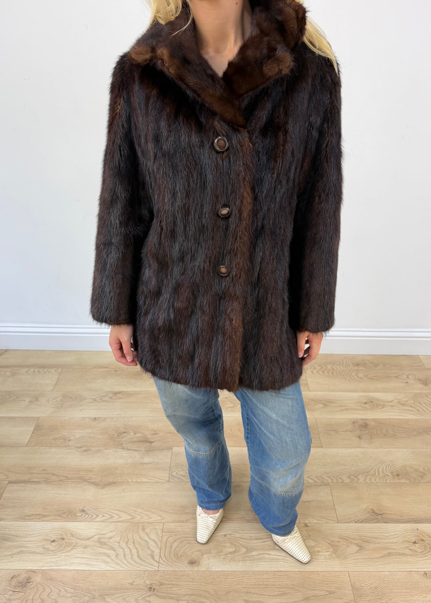 medium brown button-up faux fur coat image 2