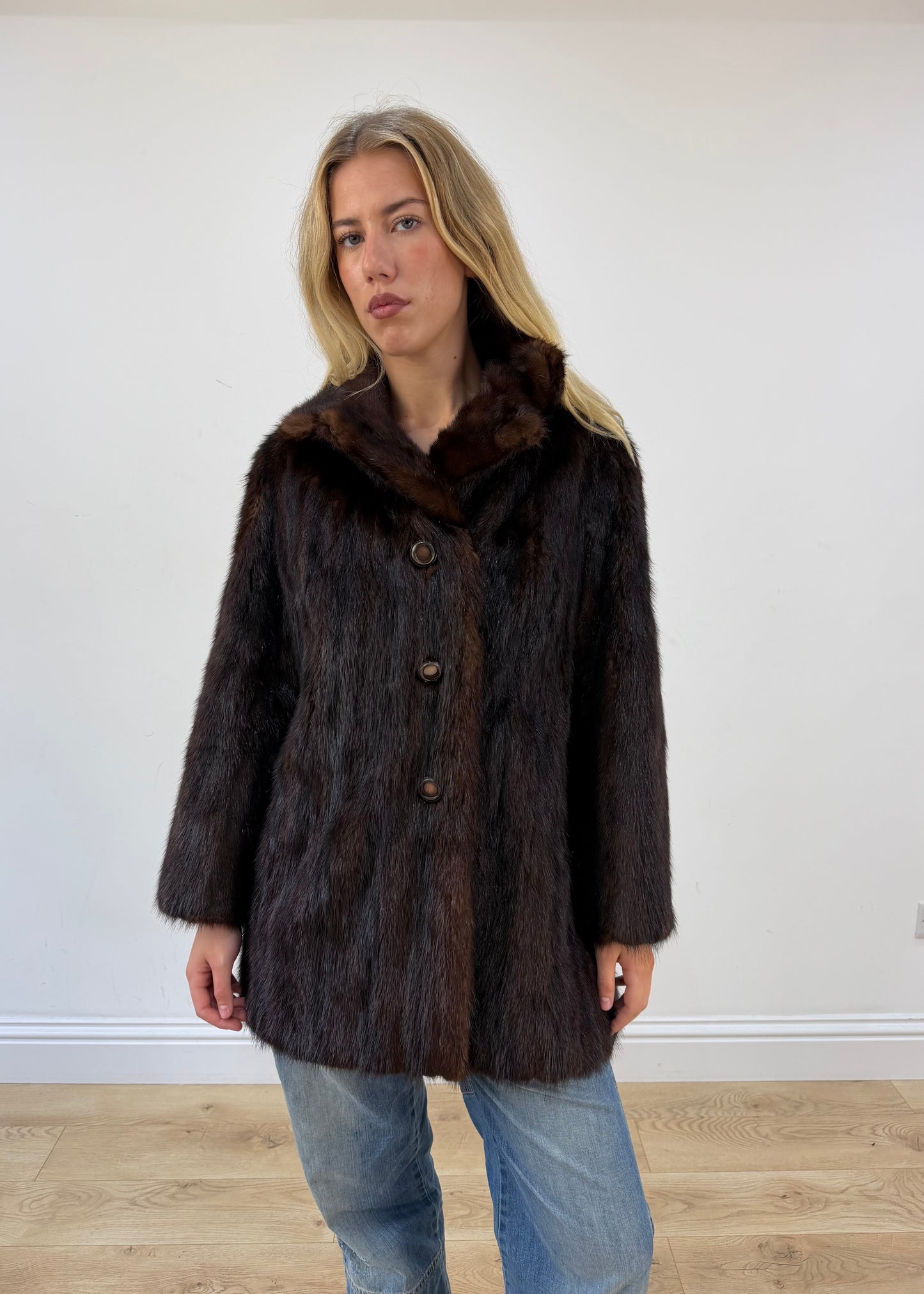 medium brown button-up faux fur coat image 3