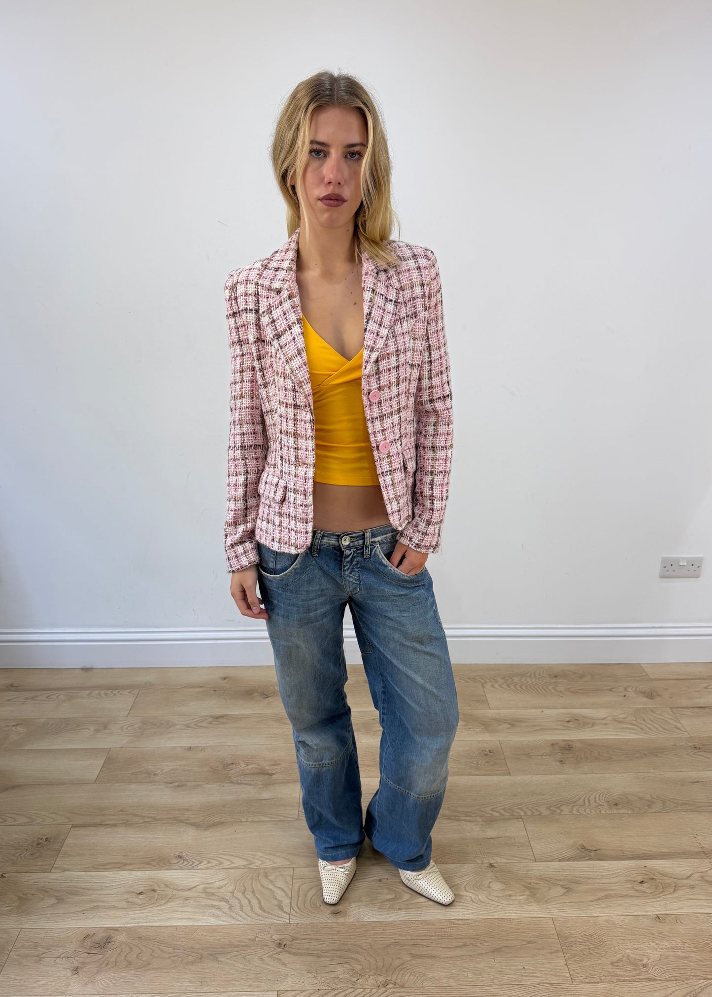 small pink and white en bisou tweed blazer image 4