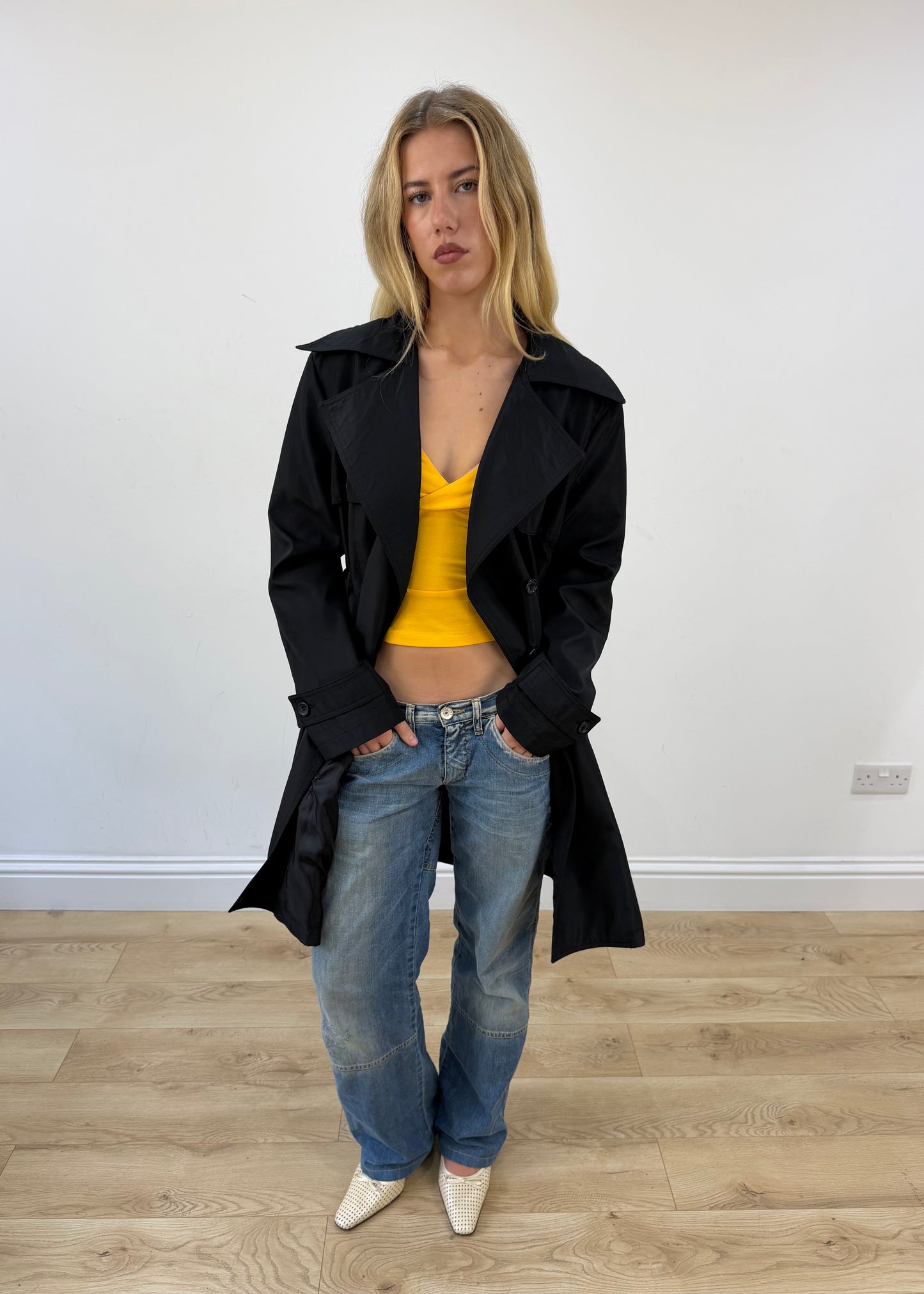 small/medium black burberry cropped trench coat image 4