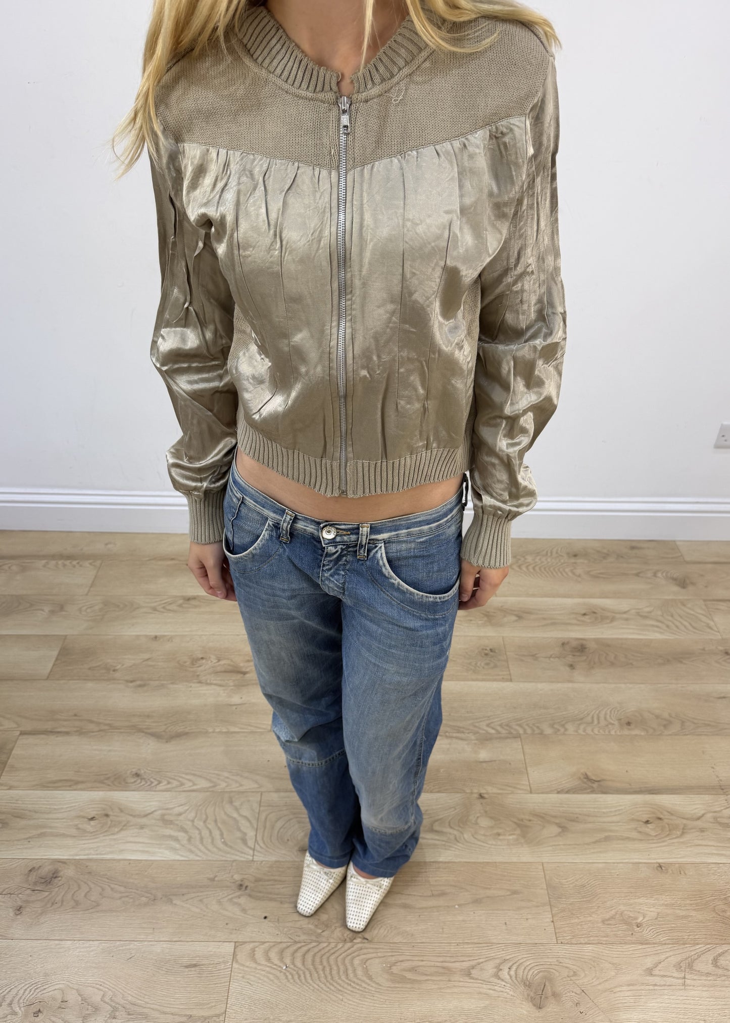 extra large metallic beige cream embellished bomber jacket aesthetic detail