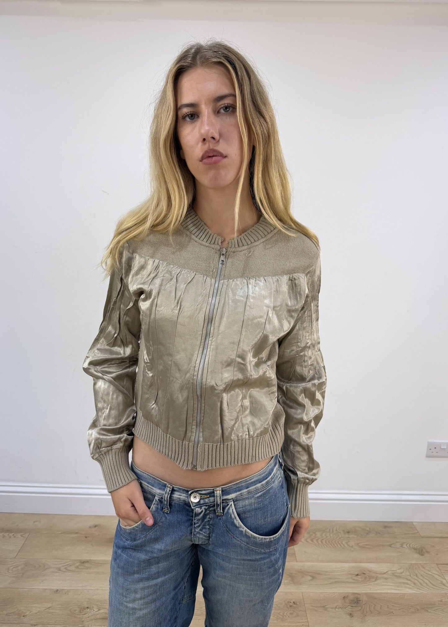 extra large metallic beige cream embellished bomber jacket close front