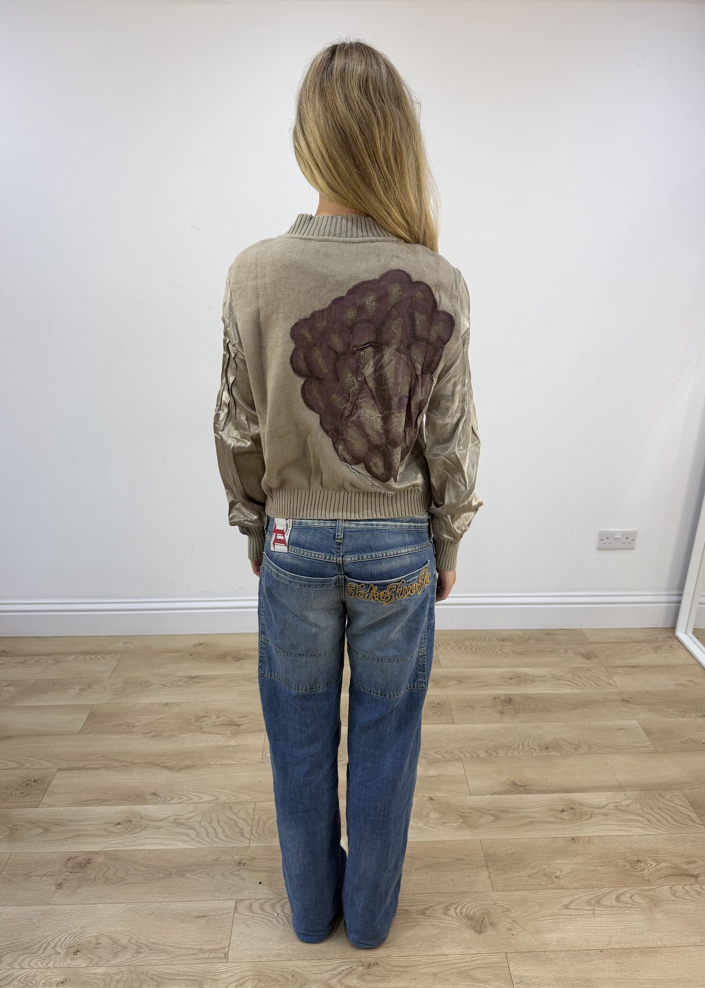 extra large metallic beige cream embellished bomber jacket back