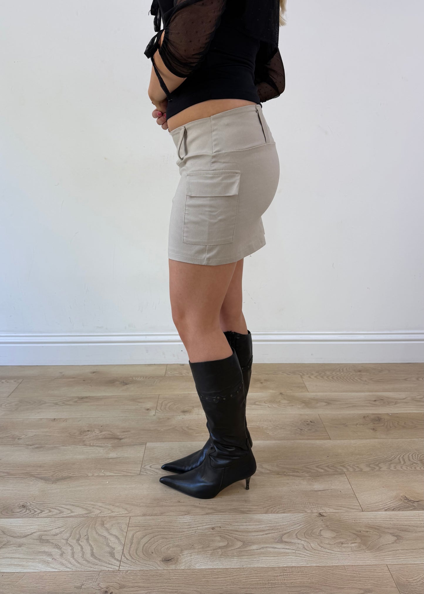 extra small beige mini skirt side