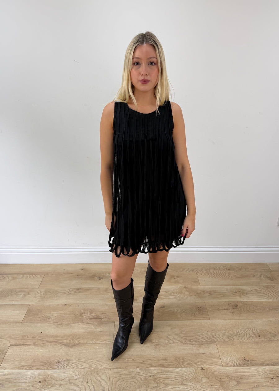 extra small black adèle fado silk fringe mini dress front