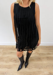 extra small black adèle fado silk fringe mini dress aesthetic headless