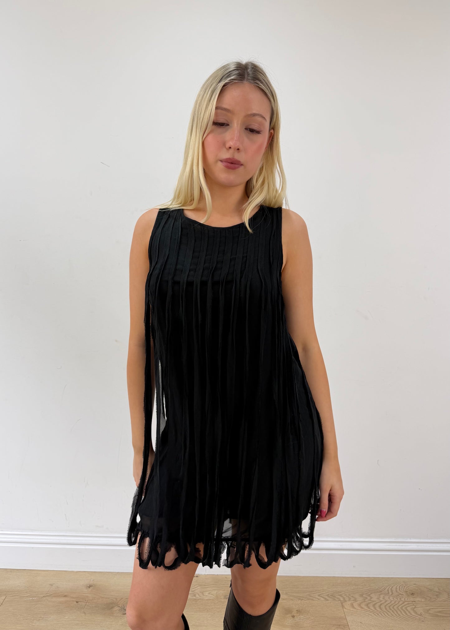 extra small black adèle fado silk fringe mini dress zoomed front