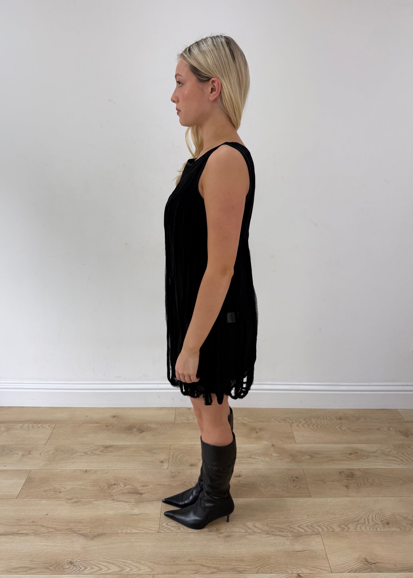 extra small black adèle fado silk fringe mini dress side