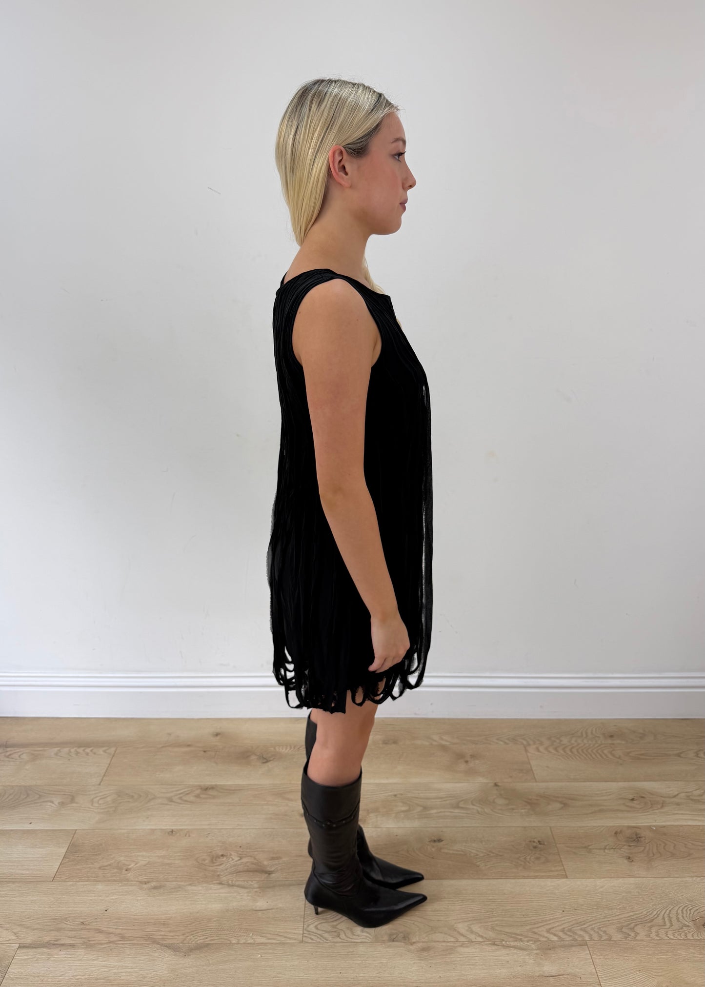 extra small black adèle fado silk fringe mini dress other side