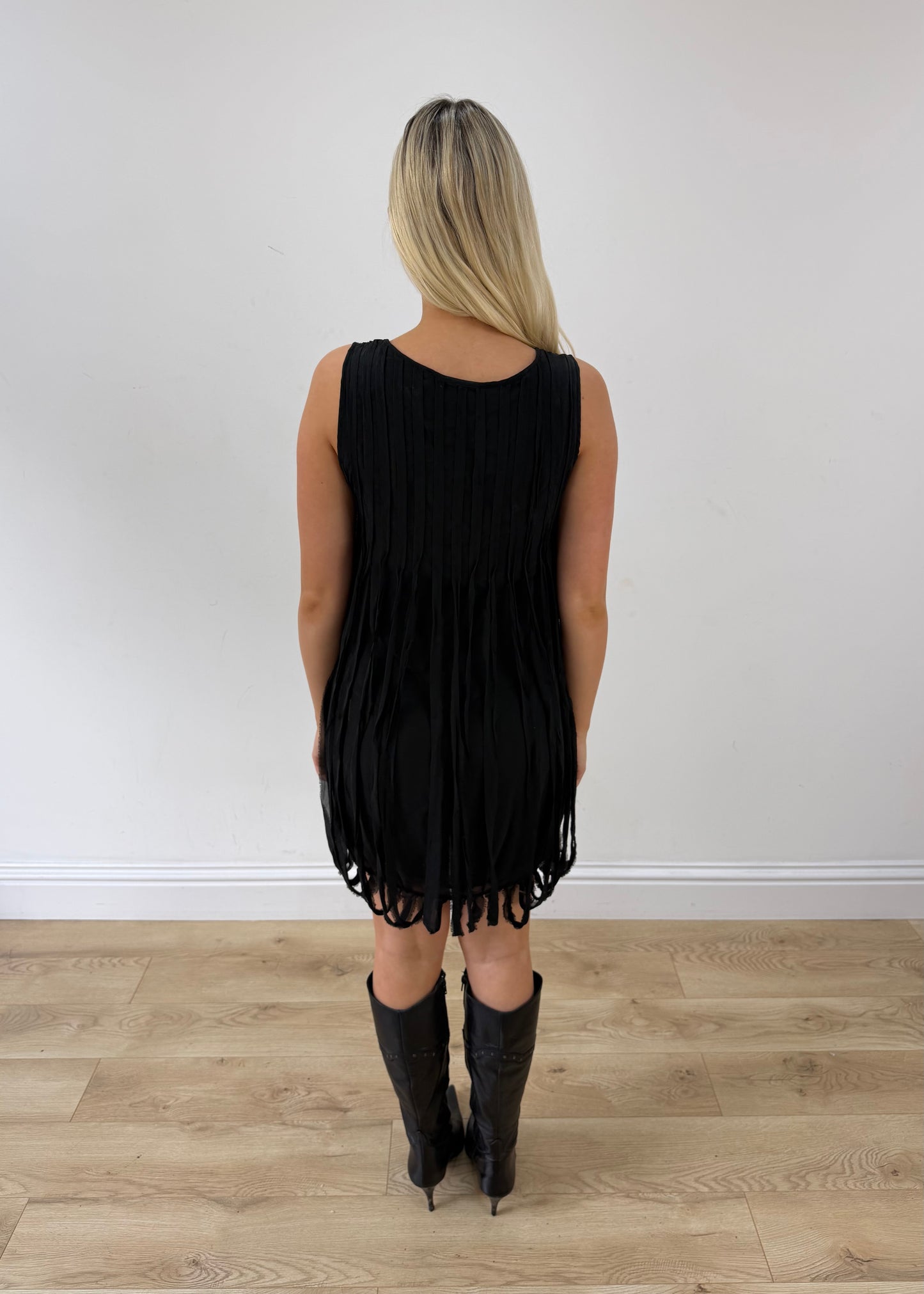 extra small black adèle fado silk fringe mini dress back
