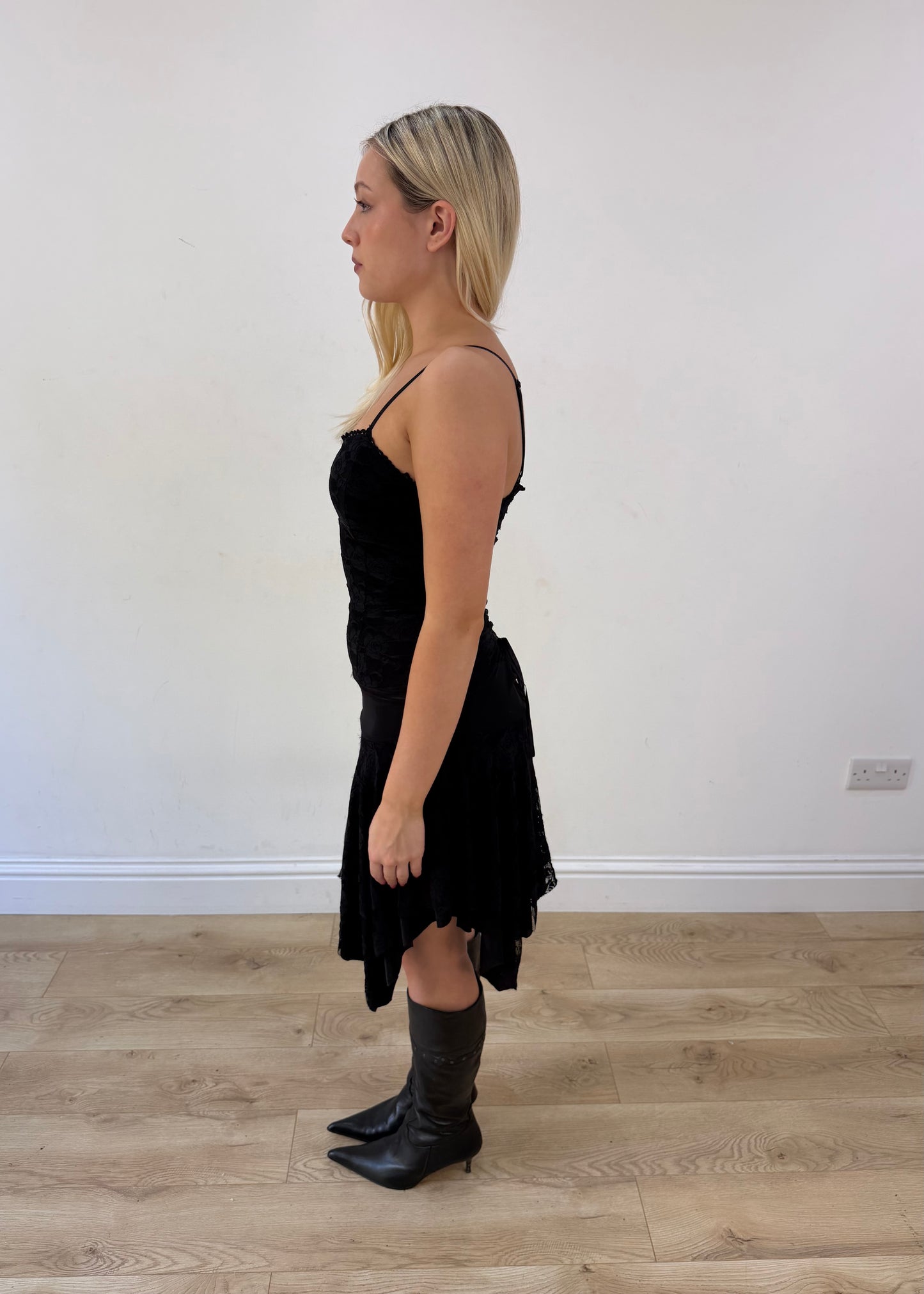 extra small black asymmetric midi dress side