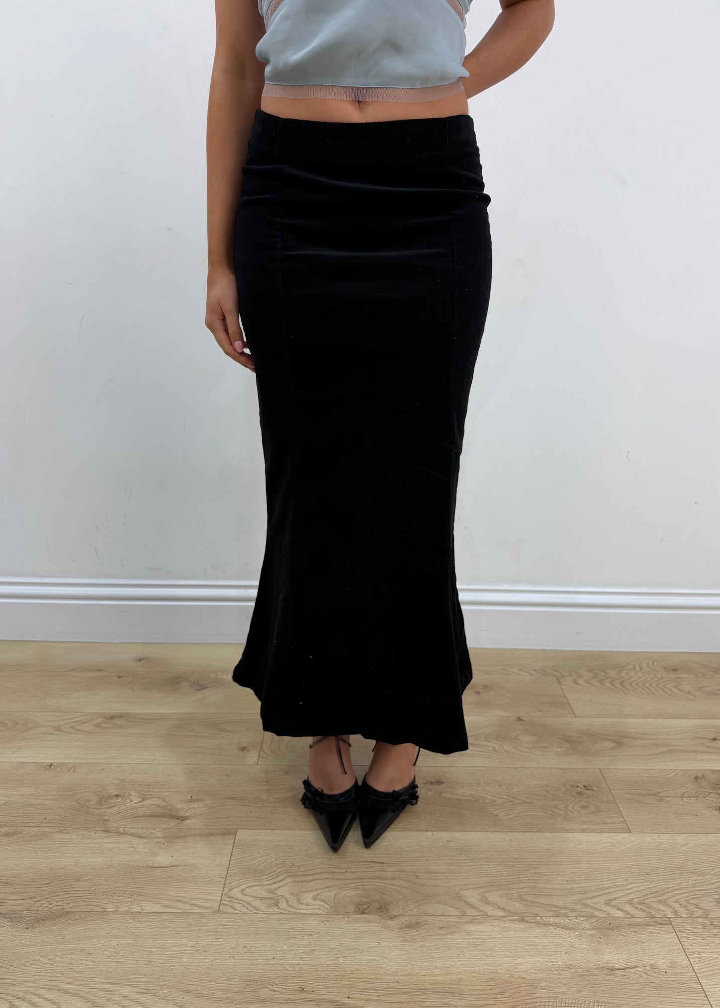 extra small black corduroy maxi skirt front view