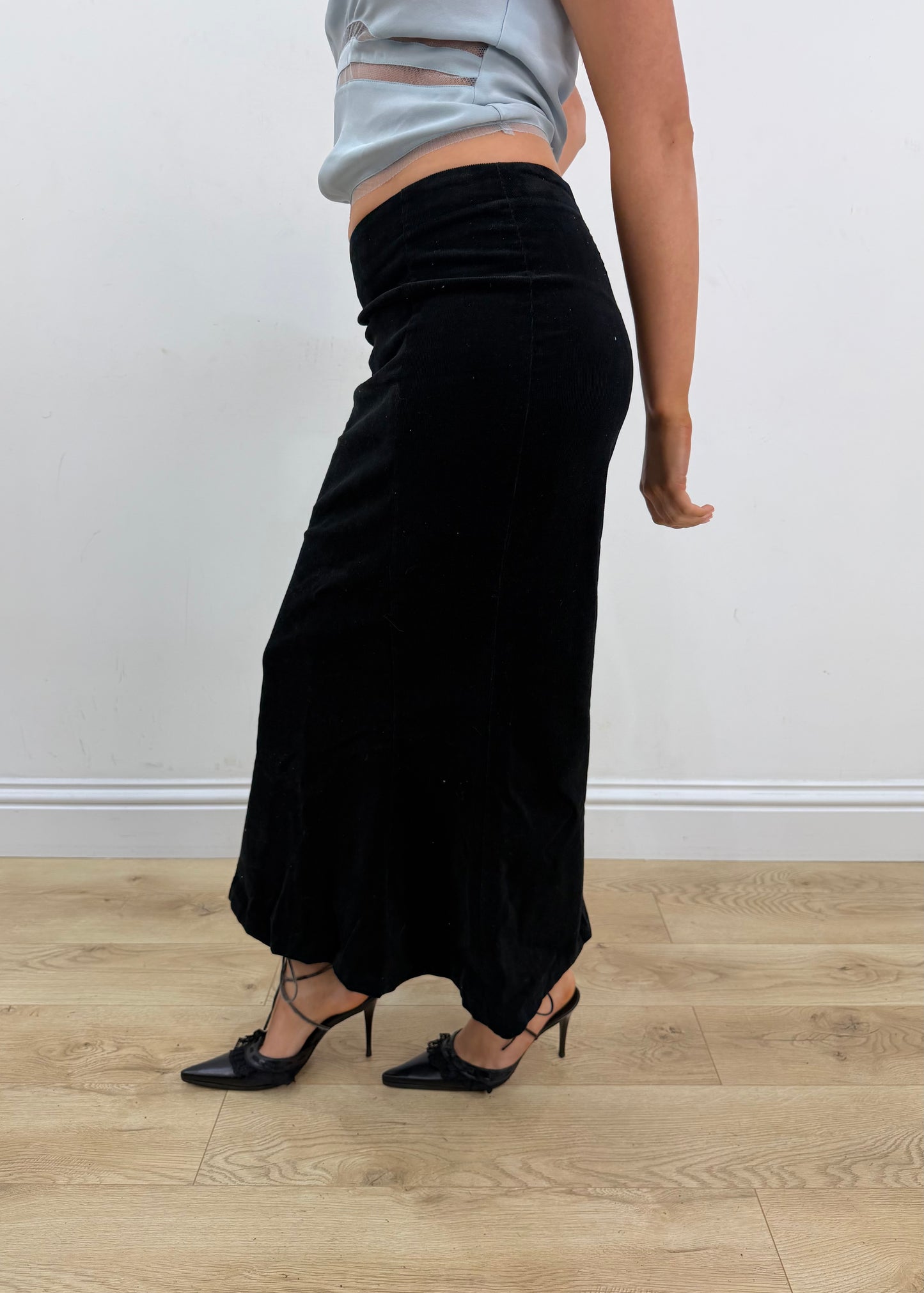 extra small black corduroy maxi skirt side view