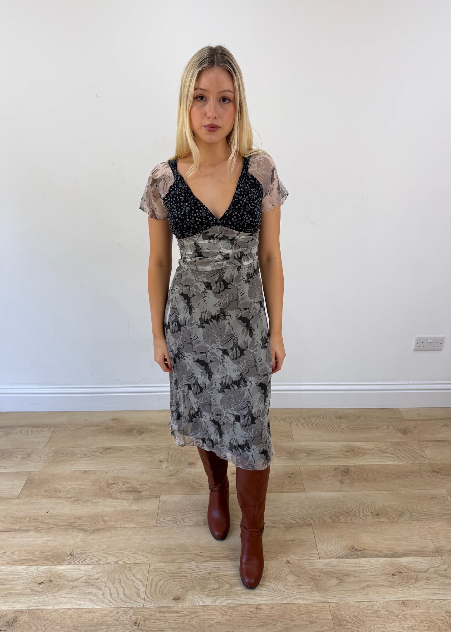 extra small grey midi dress with mesh overlay front