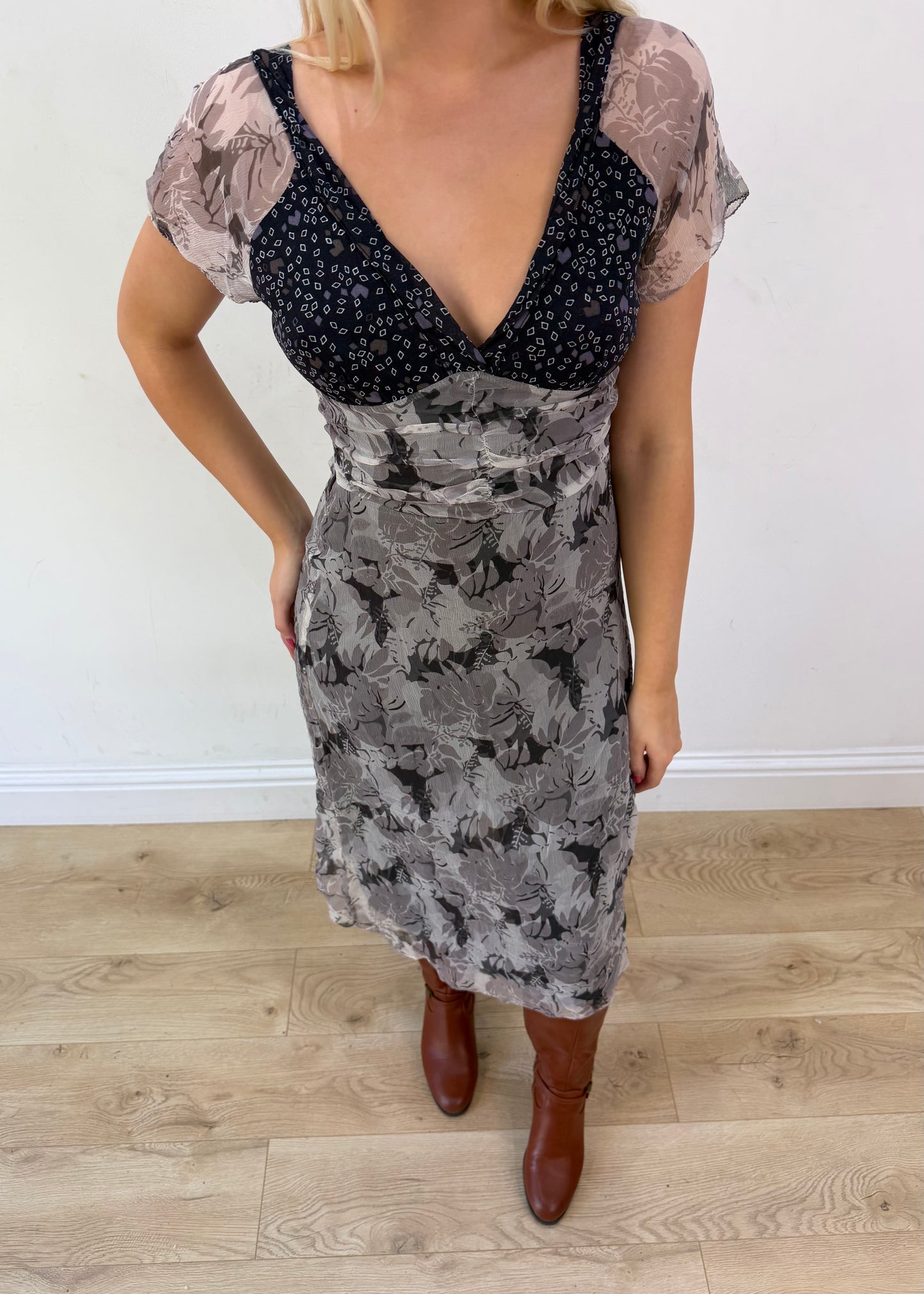 extra small grey midi dress with mesh overlay aesthetic headless