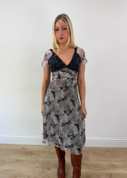 extra small grey midi dress with mesh overlay zoomed front