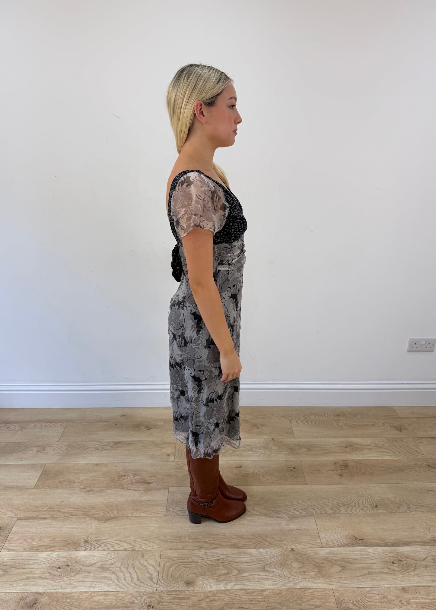 extra small grey midi dress with mesh overlay other side